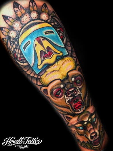 Neo Traditional Totem Pole Sleeve - Howell Tattoo - Justin Howell - Clio, Mi - Walk In Tattoo Shop Near Me
