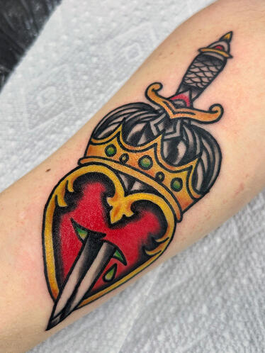 Traditional Crowned Heart and Dagger Tattoo - Walk In Tattoo - Clio MI - by Stu Donaldson - American Trad