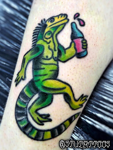 Backwards Iguana - Stylized Full Color - Stu Donaldson - Howell Tattoo - Clio, Mi