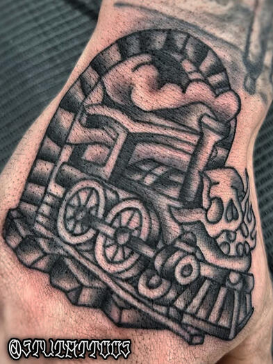 Black and Grey Train - Hand - Tattoo - Stu Donaldson - Howell Tattoo - Stylized Full Color - Stu Donaldson - Howell Tattoo - Clio, Mi