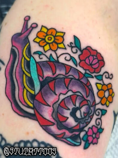 Stylized Full Color Snail - Stu Donaldson - Howell Tattoo - Clio, Mi